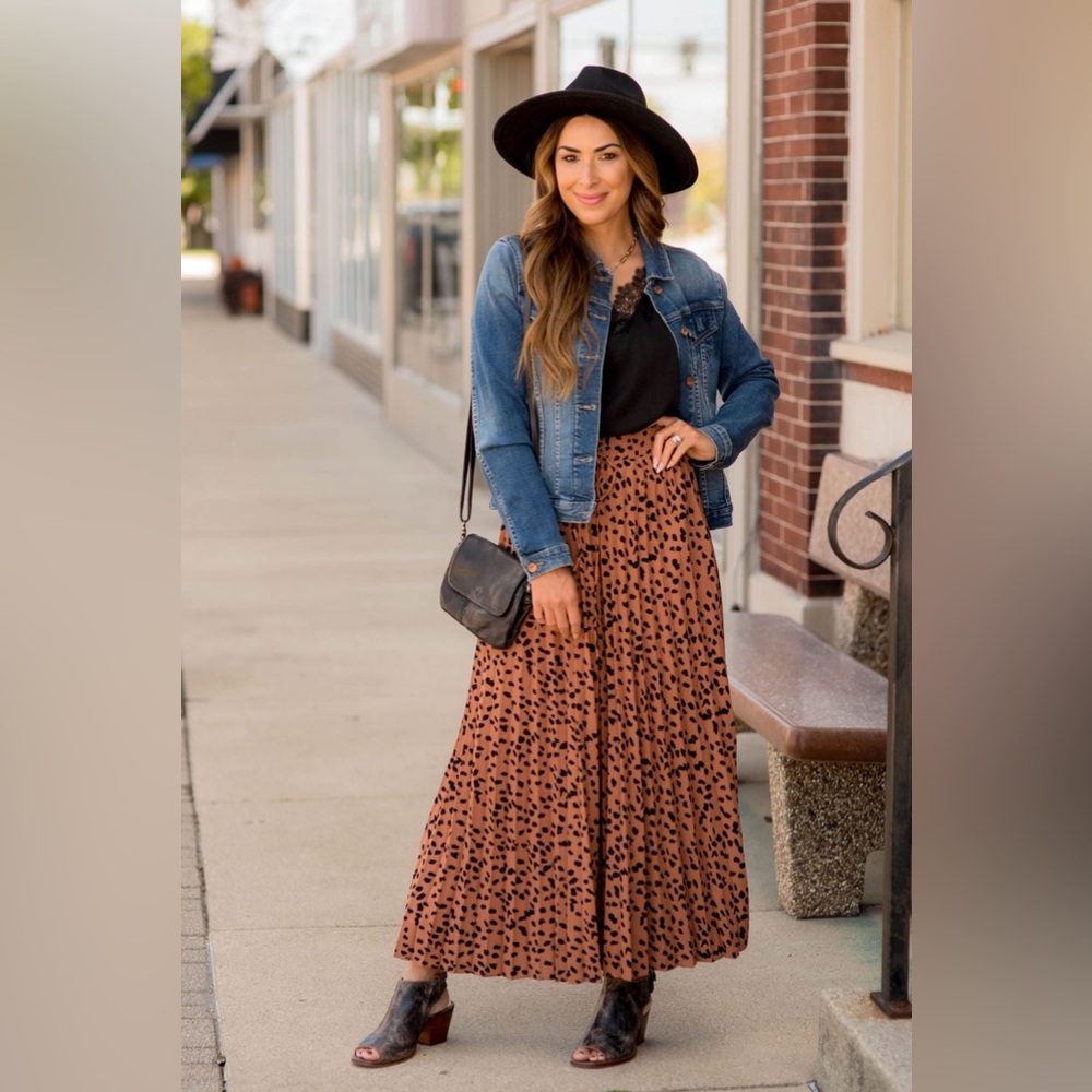 Jodifl Rust Brown Black Print Pleated Maxi Skirt Size Small